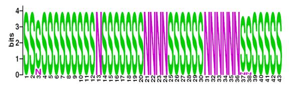 This is a Sequence Logo of LAM5 spoligotypes.
S indicates present spacer, N indicates absent spacer. For more information on sequence logos, 
please click the link at the bottom of this page.
