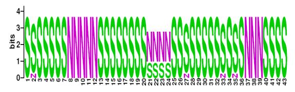 This is a Sequence Logo of Family N17 spoligotypes.
S indicates present spacer, N indicates absent spacer. For more information on sequence logos, 
please click the link at the bottom of this page.