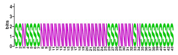This is a Sequence Logo of Family N41 spoligotypes.
S indicates present spacer, N indicates absent spacer. For more information on sequence logos, 
please click the link at the bottom of this page.