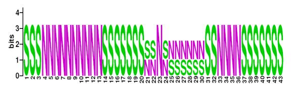 This is a Sequence Logo of Family N45 spoligotypes.
S indicates present spacer, N indicates absent spacer. For more information on sequence logos, 
please click the link at the bottom of this page.
