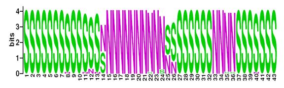 This is a Sequence Logo of T4 spoligotypes.
S indicates present spacer, N indicates absent spacer. For more information on sequence logos, 
please click the link at the bottom of this page.