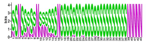 This is a Sequence Logo of M. bovis spoligotypes.
S indicates present spacer, N indicates absent spacer. For more information on sequence logos, 
please click the link at the bottom of this page.